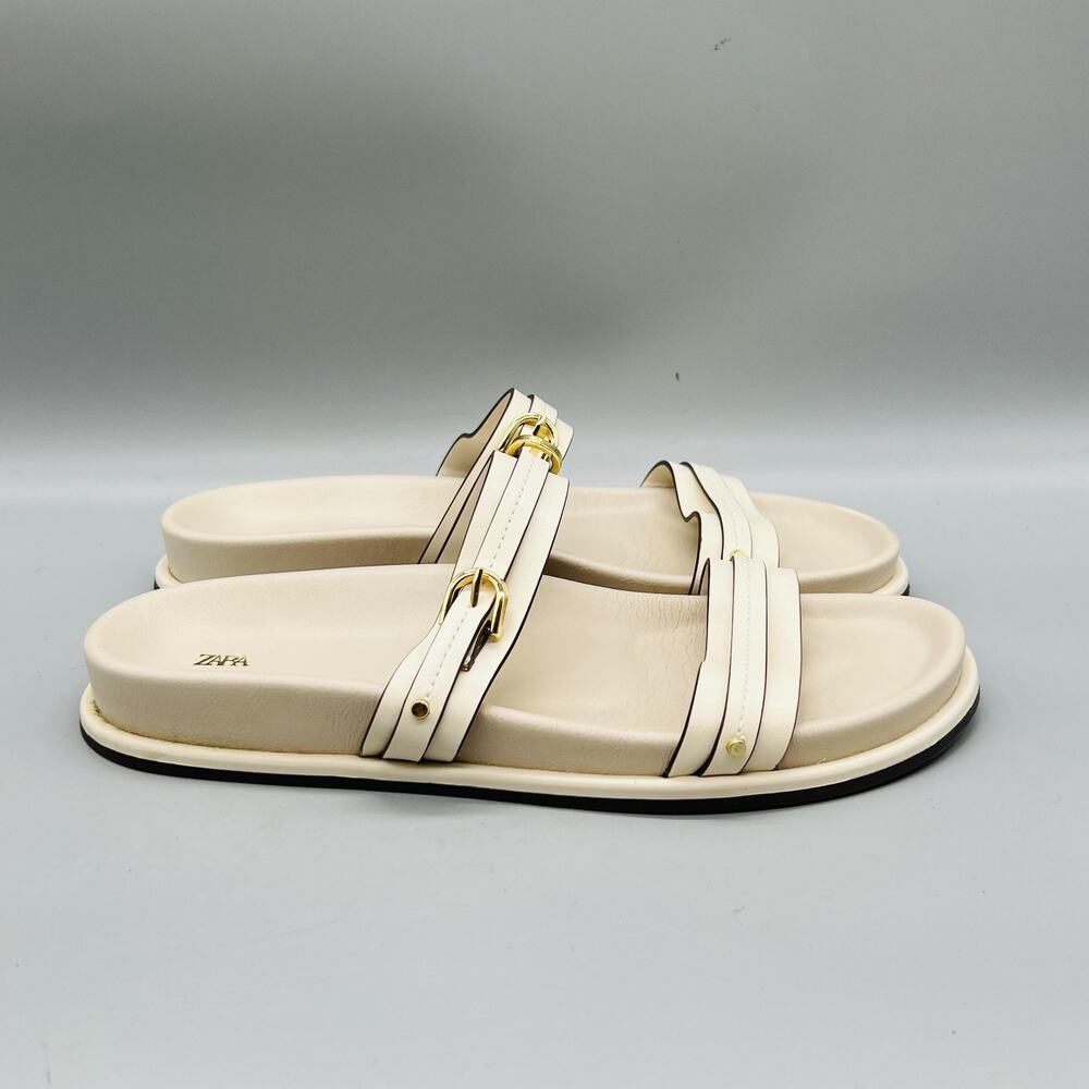 Zara Sandals Womens 8 White Faux Leather Strappy Buckle Slide Flat Shoes Comfort